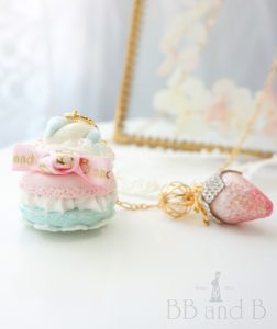 Pastel Pink and Mint Blue Macaron Necklace with Signature Strawberry Charm