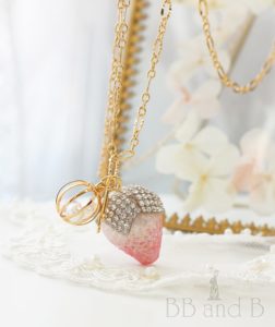 Pastel Pink and Mint Blue Macaron Necklace with Signature Strawberry Charm