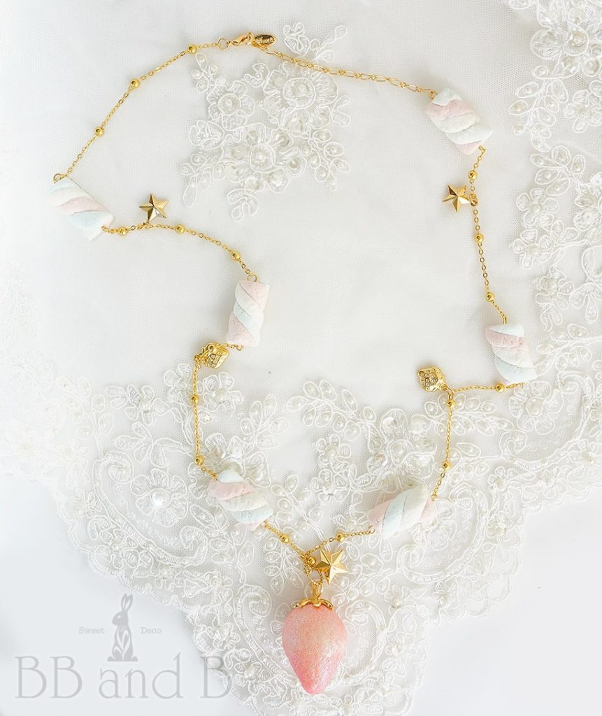 Soft Pink Glitter Strawberry with Cotton Candy Marshmallows on Gold Chain Necklace