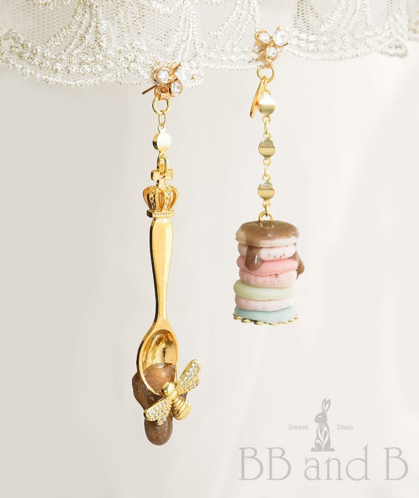 My Sweet Honeybee Macaron Stack Cake Earrings and Golden Spoon with Dripping Sweets by BB and B