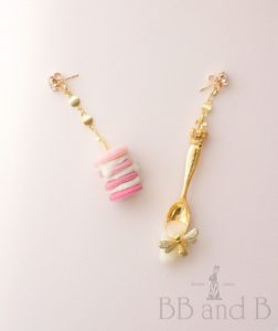 My Sweet Honeybee Macaron Stack Cake Earrings and Golden Spoon with Dripping Sweets by BB and B