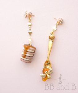 My Sweet Honeybee Macaron Stack Cake Earrings and Golden Spoon with Dripping Sweets by BB and B