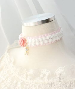 Ruffled Ribbon Choker with Pink Rose and Cat Charm