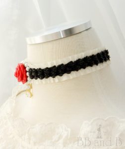 Ruffled Ribbon Choker with Red Rose and Cat Charm