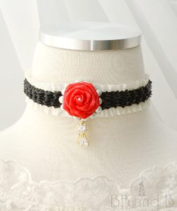 Ruffled Ribbon Choker with Red Rose and Cat Charm